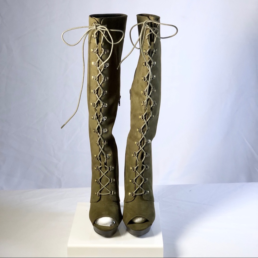 Green faux suede, open toe, lace up boot